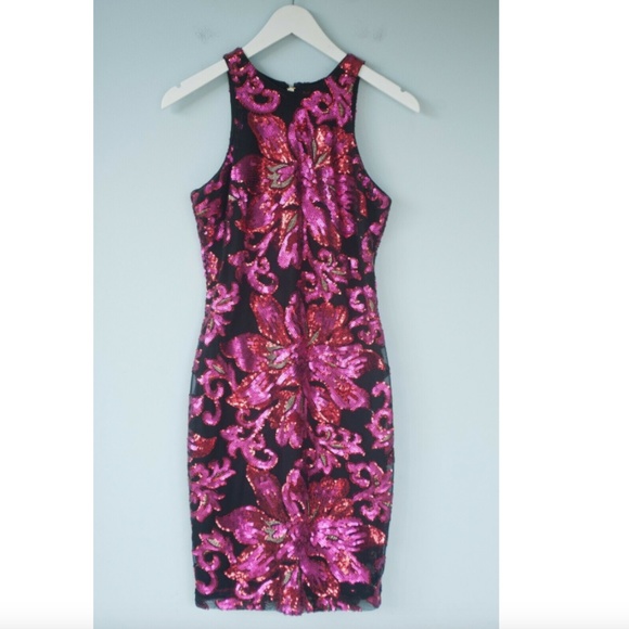 CACHE Black Pink Sequin High Neck Cocktail Dress - Picture 6 of 10